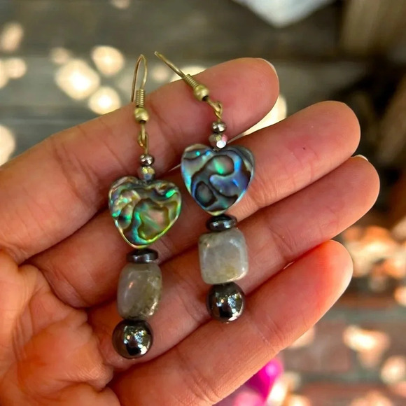 🩶🩵 Handmade heart-shaped abalone + labradorite + hematite drop earrings ✨ - Picture 1 of 5